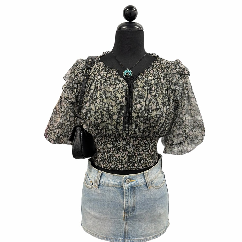 Free People Black Floral Smocked Peasant Blouse Size XL